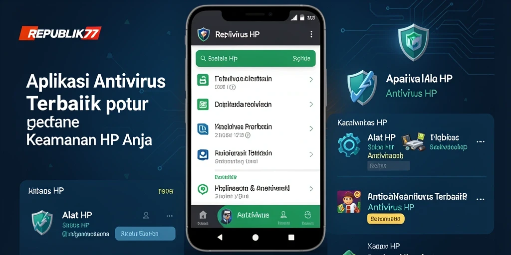 Antarmuka utama REPUBLIK77 yang menunjukkan fitur perlindungan Antivirus HP.
