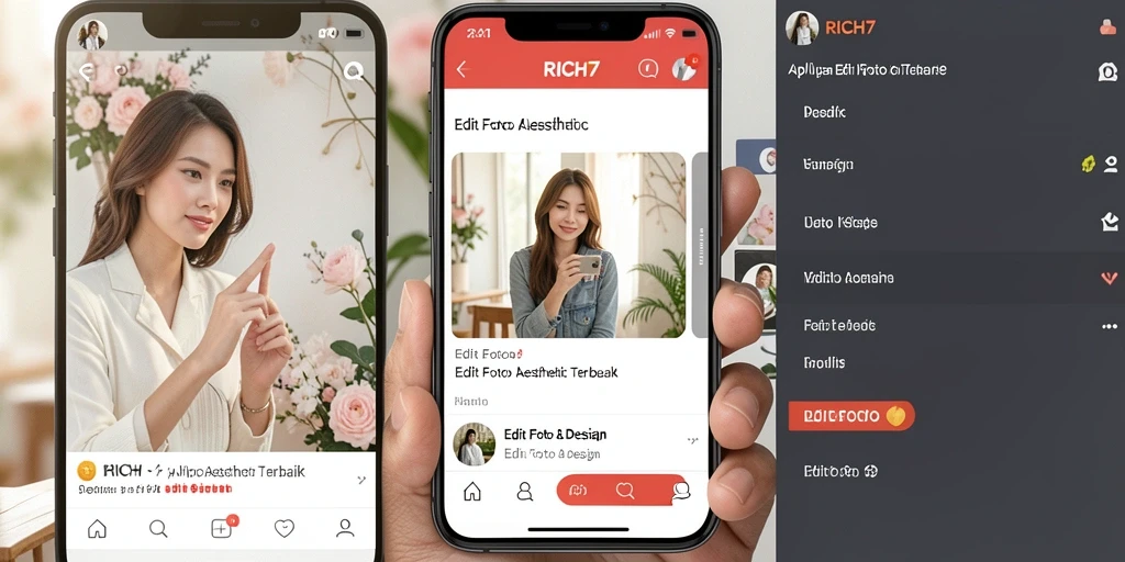 Screenshot utama RICH7 menampilkan antarmuka pengeditan foto aesthetic yang menarik.